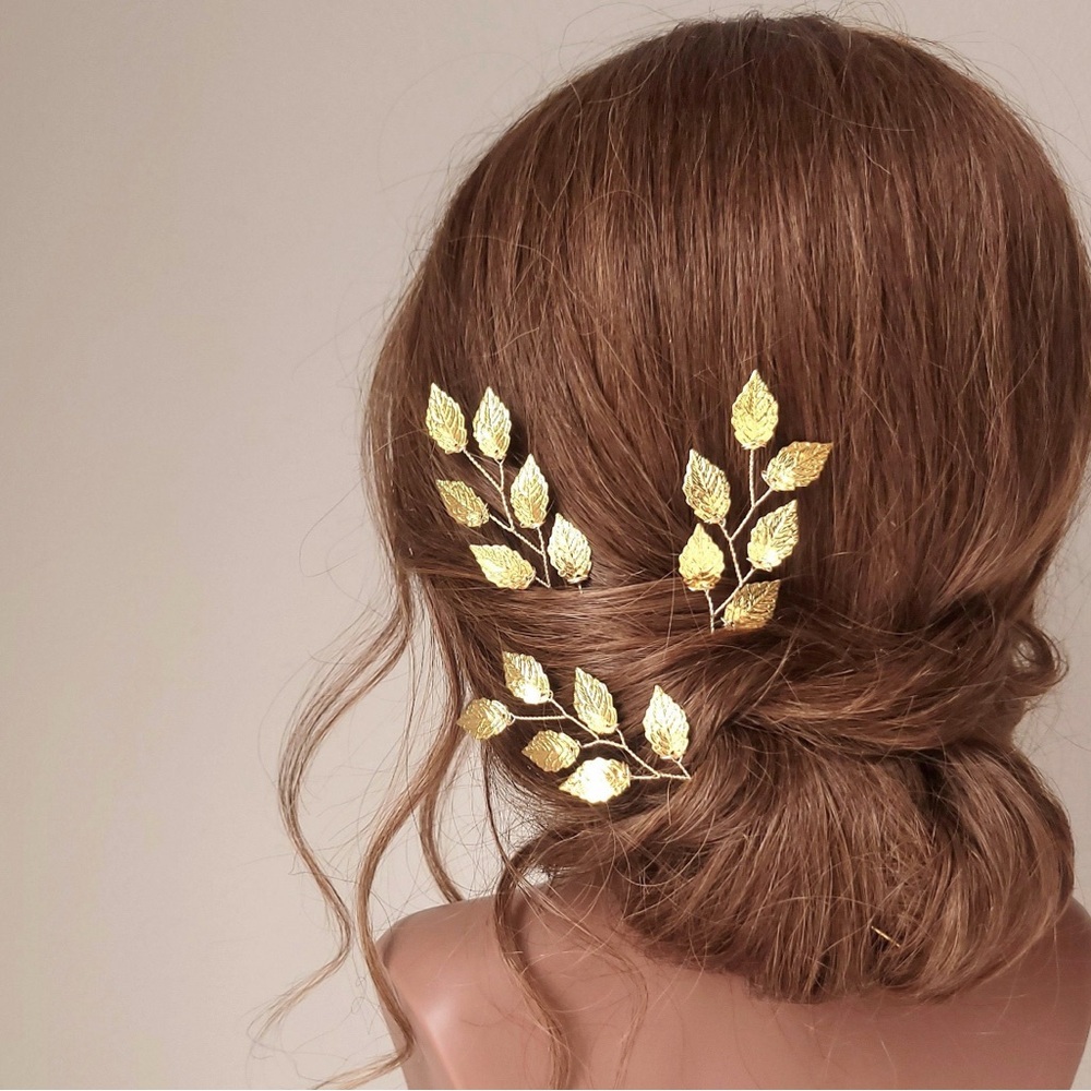 Elegant Gold Leaf Hair Pin Bridal Golden Leaves Updo Flower Crown Accessory